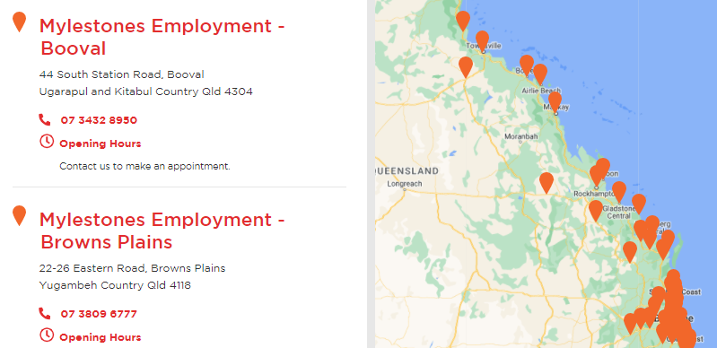 Screenshot of Mylestones office locations and map